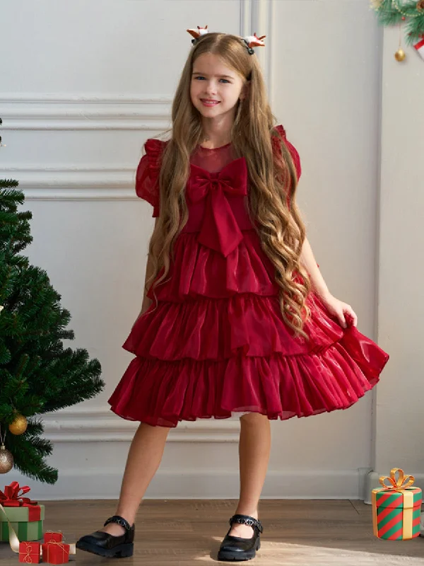 women's designer dressesTiered Ball Gown Scoop Short Sleeves Pleated Christmas Dresses for Girls