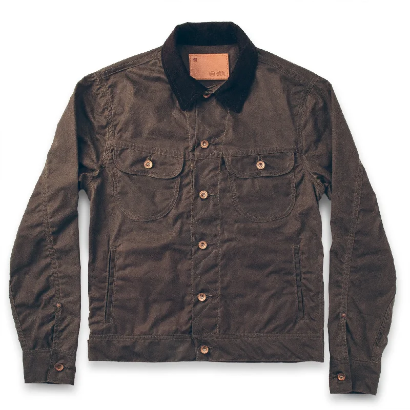 Men's Coats with Modern CutsThe Long Haul Jacket in Dark Oak Waxed Canvas