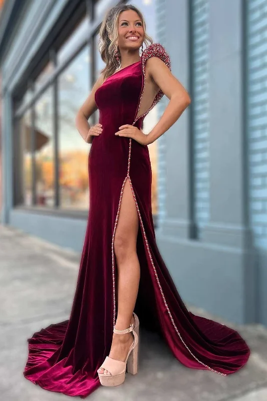 Ribbon DressWine Velvet Beaded One-Shoulder Long Formal Dress with Slit