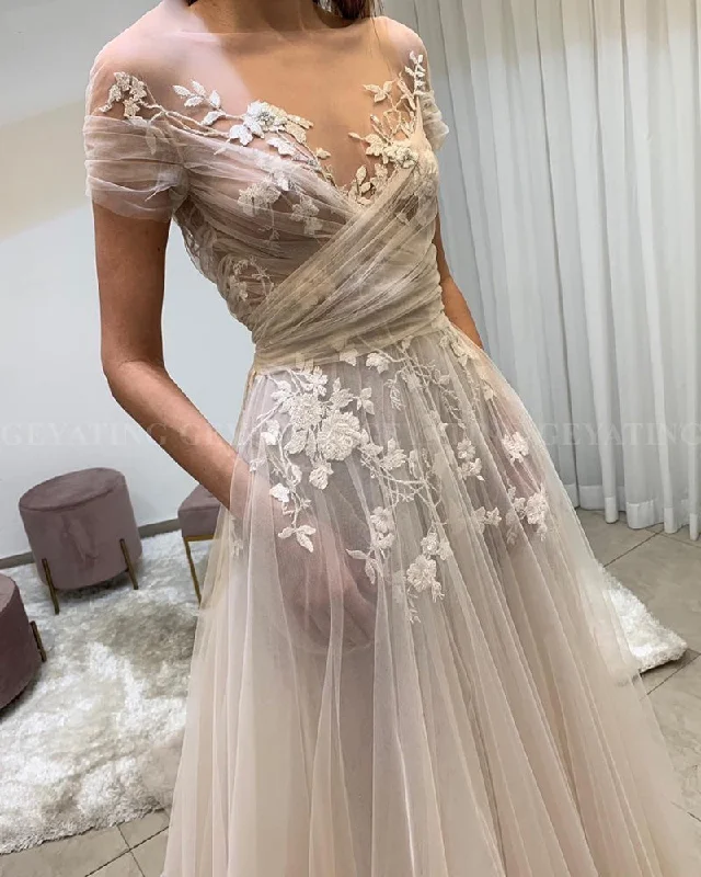 women's retro dressesWD0518 Vintage Simple Elegant Lace Floral Boho Wedding Gown with Short Sleeve Pockets A-line Summer Beach Bridal Dresses women's retro dressesWD0518 Vintage Simple Elegant Lace Floral Boho Wedding Gown with Short Sleeve Pockets A-line Summer Beach Bridal Dresses