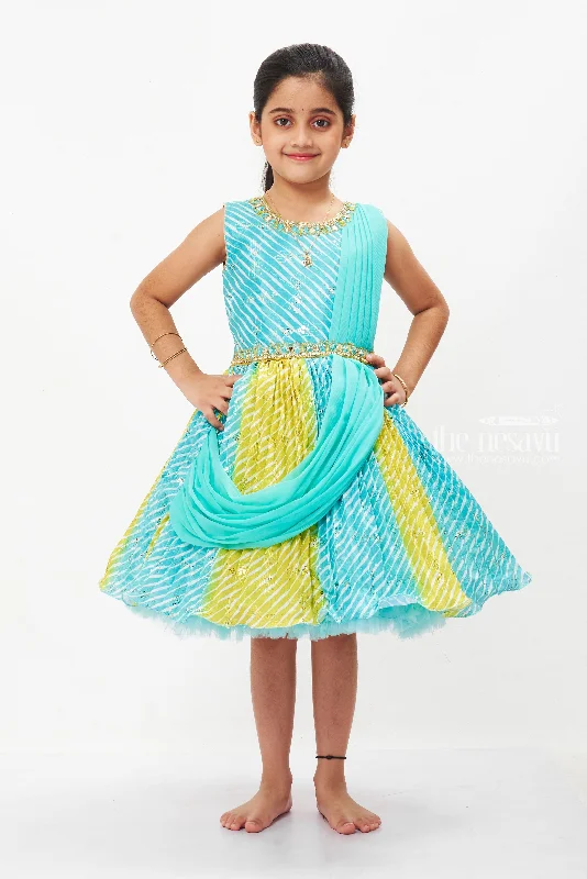 Neon DressAqua Elegance Silk Frock for Girls with Embellished Party Gown Design
