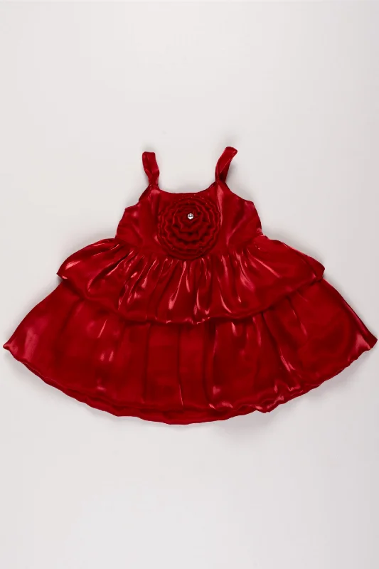 Retro DressRuby Red Organza Party Dress with Rosette Accent for Girls