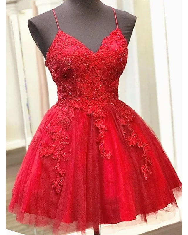 Evening DressFancy Girls Semi Formal Cocktail Red Lace Short Homecoming Dresses with Straps SP11117