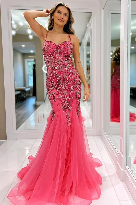 Sheath DressOakleigh | Pink Beaded Spaghetti Strap Trumpet Long Gown
