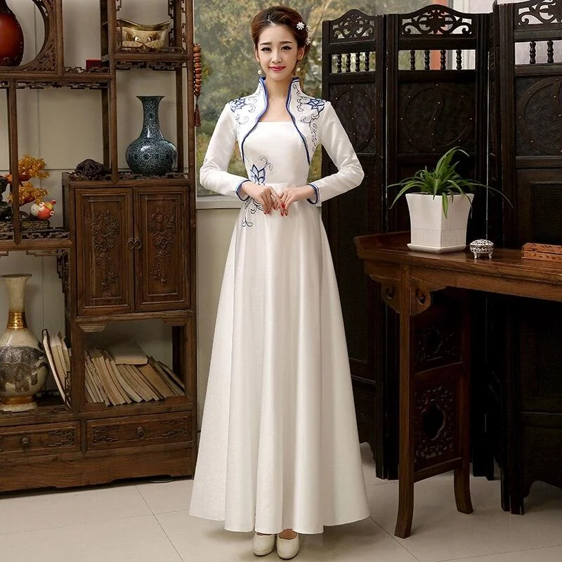 Wrap DressEmbroidery Flower Satin Cheongsam Long Sleeve Evening Qipao Dress
