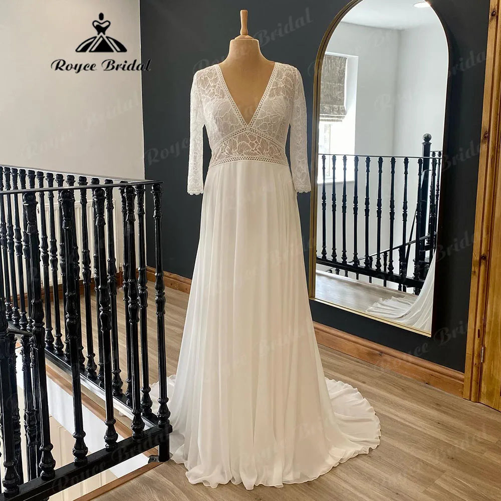 women's checkered dressesbrautkleid Summer Three Quarter Sleeve V Neck Lace Bodice Boho Wedding Dress for Women 2024 Bohemian Beach Bridal Gown robe mari women's checkered dressesbrautkleid Summer Three Quarter Sleeve V Neck Lace Bodice Boho Wedding Dress for Women 2024 Bohemian Beach Bridal Gown robe mari