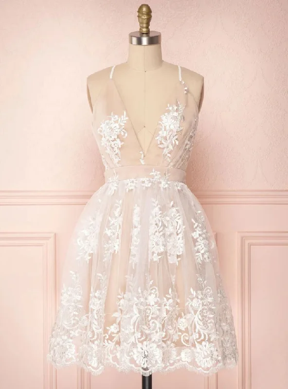 women's hourglass figure dressesChampagne Tulle Lace Spaghetti Straps Homecoming Dress women's hourglass figure dressesChampagne Tulle Lace Spaghetti Straps Homecoming Dress