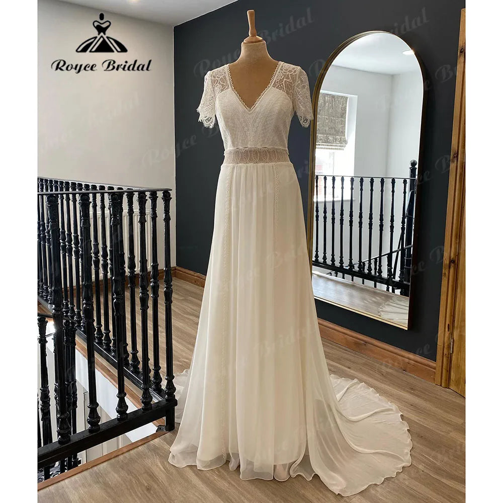 Bohemian DressVestido Novia Summer Bohemian Lace Chiffon Boho V Neck Wedding Gown for Women Robe Chic Wedding Dress with Short Sleeve Bohemian DressVestido Novia Summer Bohemian Lace Chiffon Boho V Neck Wedding Gown for Women Robe Chic Wedding Dress with Short Sleeve
