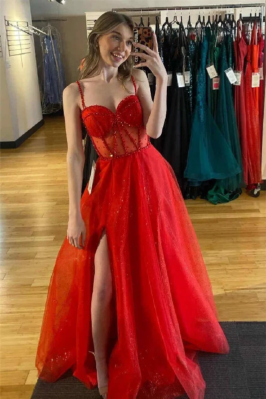 Empire DressPatricia | Glitter Red Straos Beaded A-Line Formal Dress with Slit