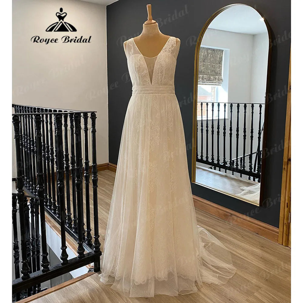 Tulle DressVintage Beach Tank Lace Boho Sleeveless Wedding Gown for Women  Bridal V Neck Wedding Dress vestido longo festa de casamento