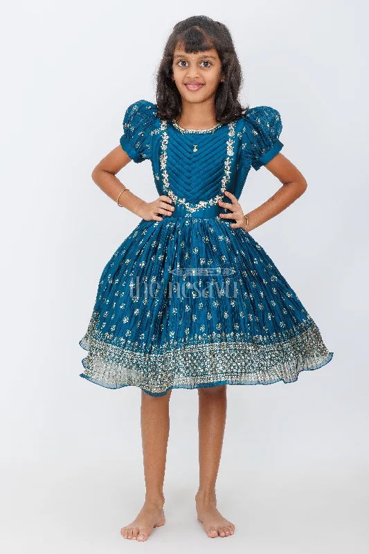 Casual Chic DressTeal Blue Blended Silk Party Frock with Puff Sleeves and Gold Foil Print for Girls Festive Occasions Casual Chic DressTeal Blue Blended Silk Party Frock with Puff Sleeves and Gold Foil Print for Girls Festive Occasions