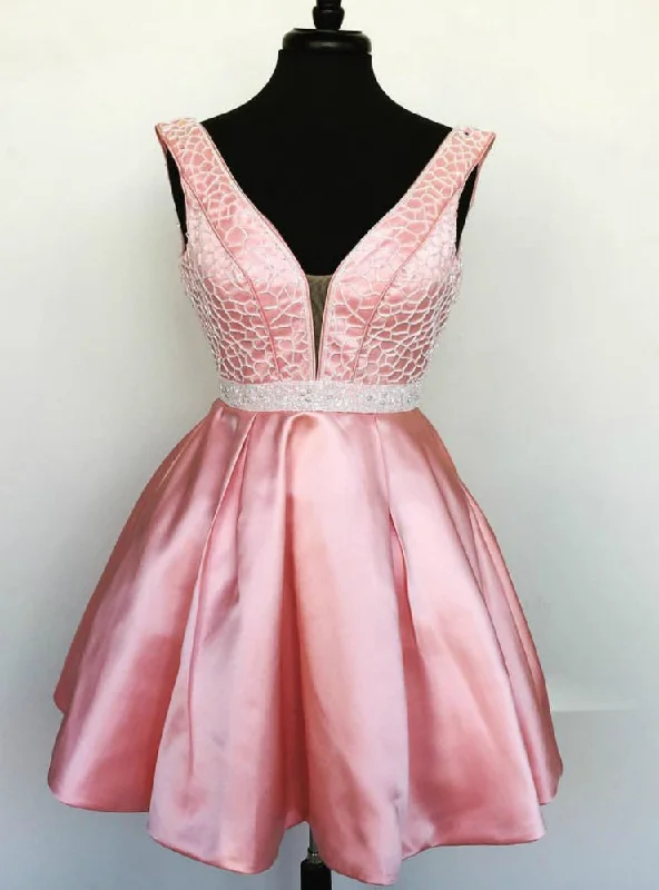 Cold-Shoulder DressDeep V neck Pink Satin Beaded Waist Short Homecoming Dresses
