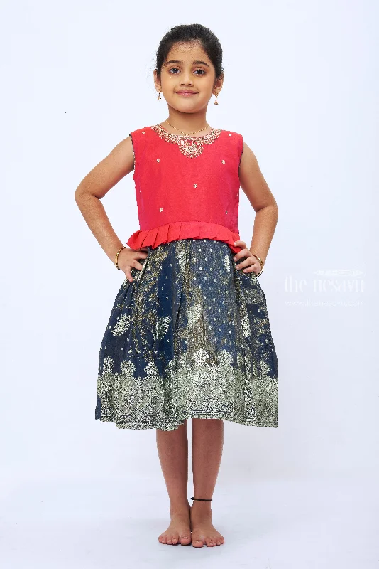 Peter Pan Collar DressEnchanting Red and Grey Silk Party Frock for Girls