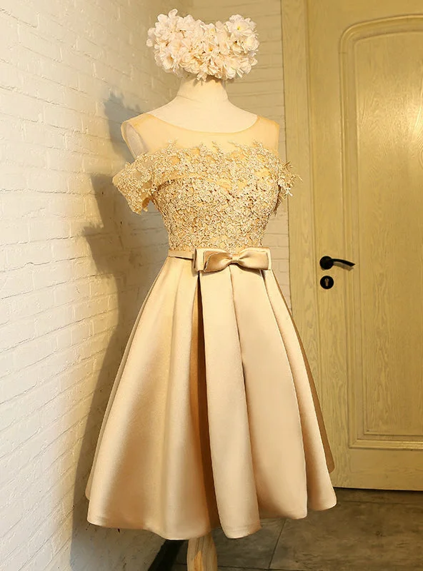 women's mother of the bride dressesGold Satin Appliques With Bow Homecoming Dress