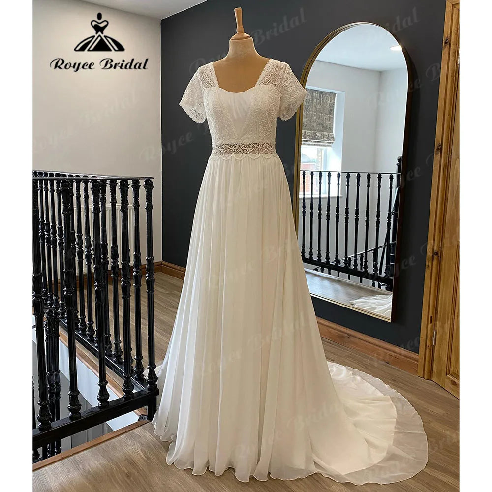 Knit DressRobe Bohemian Civil A Line Boho Lace Bodice Chiffon Beach Wedding Gown with Short Sleeve Women Bridal Dress sukienka na wesele Knit DressRobe Bohemian Civil A Line Boho Lace Bodice Chiffon Beach Wedding Gown with Short Sleeve Women Bridal Dress sukienka na wesele