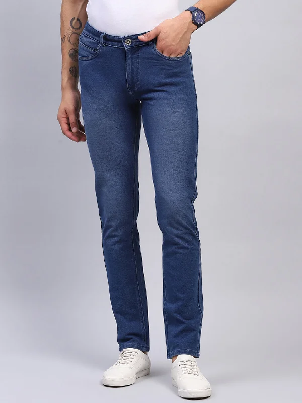 Men's Jeans with Elastic WaistbandsMen Blue Solid Narrow Fit Denim