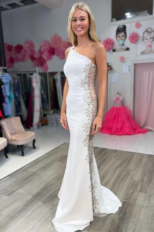 women's luxury dressesRobin | Mermaid White One Shoulder Beaded Long Formal Dress