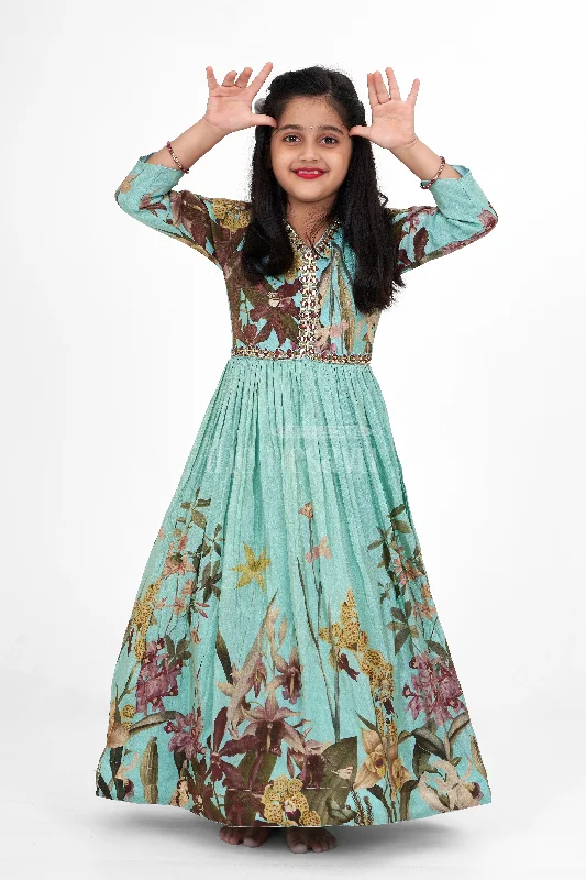 women's sleeveless dressesGirls Blue Chinon Tissue Party Gown with Digital Printed Design Diwali Traditional Dress women's sleeveless dressesGirls Blue Chinon Tissue Party Gown with Digital Printed Design Diwali Traditional Dress