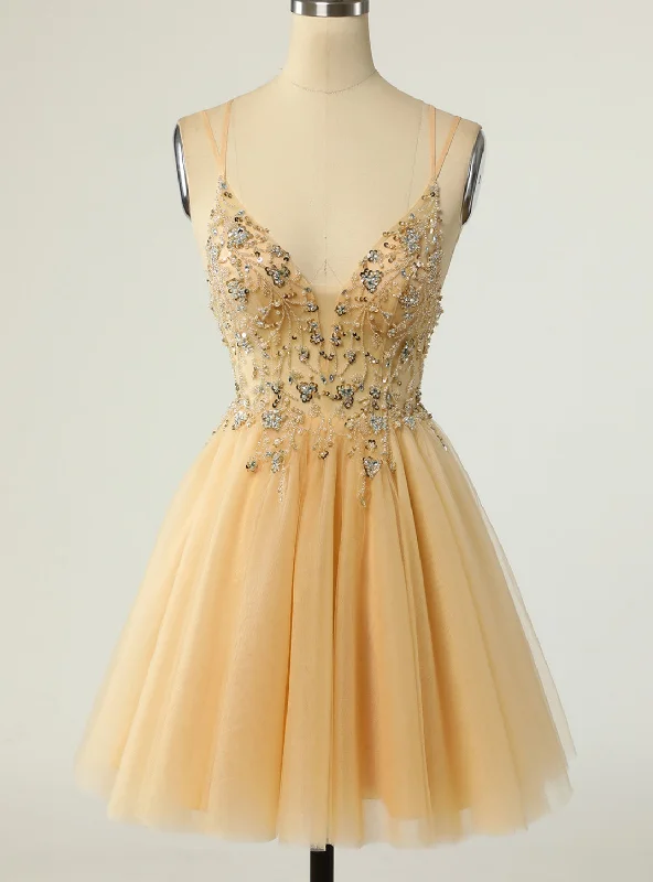 women's ball gown dressesGold Tulle Double Straps Beading Sequins Homecoming Dress women's ball gown dressesGold Tulle Double Straps Beading Sequins Homecoming Dress
