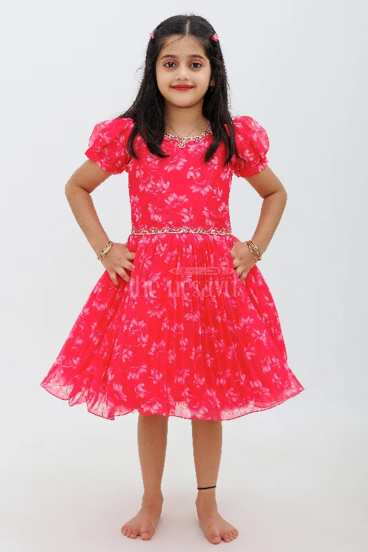 women's cold-shoulder dressesPink Georgette Print Party Frock with Puff Sleeves