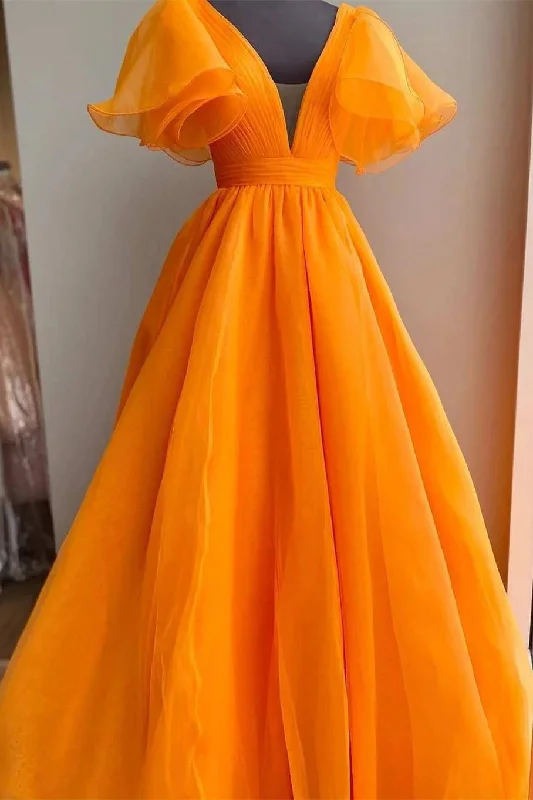 Formal DressOrange Plunge V Ruffled Sleeve A-Line Long Formal Dress