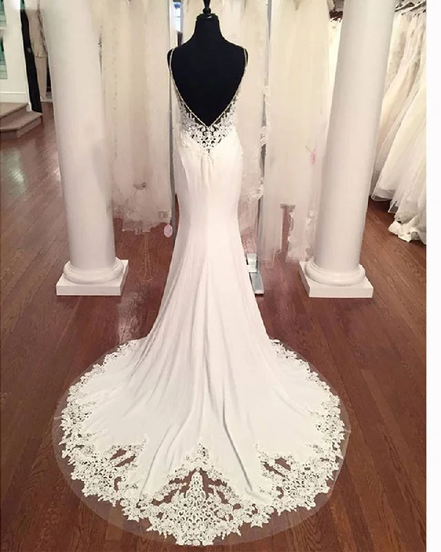 Pastel DressMermaid Lace Beach Wedding Dress Boho Bridal Gown WD874