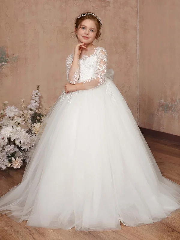 Zip-Up DressBall-Gown Lace Tulle 3/4 Sleeves Scoop Neck Floor-Length Flower Girl Dresses