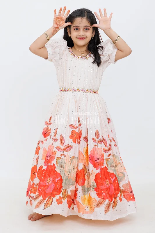Beaded DressCream Designer Floral Print Party Gown with Pleated Fabric for Girls