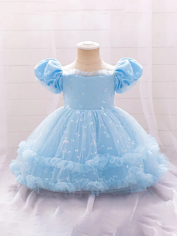 women's boho dressesBall Gown Scoop Puff Sleeves Tiered Flower Girl Dresses