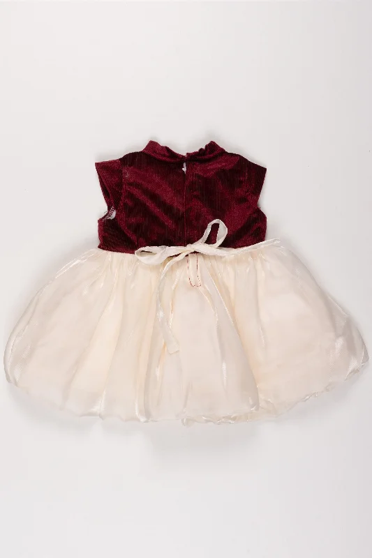 Minimalist DressMaroon and Ivory Tulle Party Dress with Satin Bow for Girls