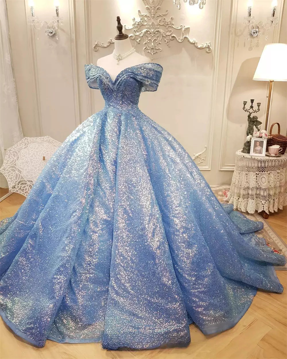 women's petite dressesBlue Ball Gown Off-the-shoulder Sequins Quinceanera Dresses SH1592 women's petite dressesBlue Ball Gown Off-the-shoulder Sequins Quinceanera Dresses SH1592