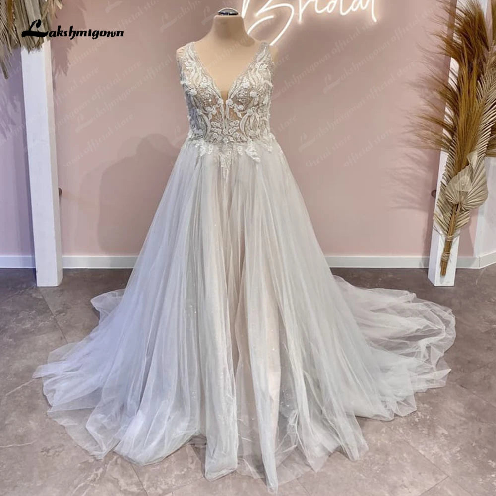 Ruffled Hem DressRoycebridal Lace Beads Champagne V Neck Wedding Dress for Women 2025 Bridal Gown Cutsom Made Court Train  vestidos para mujer