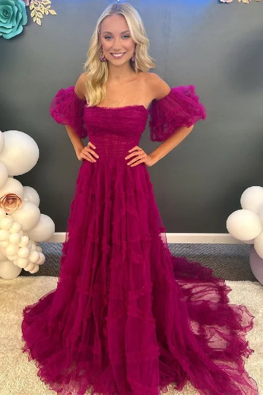 Beaded DressLainey |A-Line Strapless Ruffles Long Formal Dress with Puff Sleeves