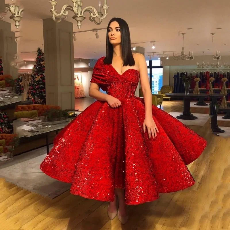 Lace DressAmazing Sequins Puffy Custom Made Evening Dress one Shoulder Midi Length Formal Arabia Style Midi Dress