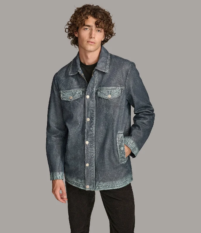 Elegant Straight-Leg Men's JeansNolan Denim Leather Shirt Jacket
