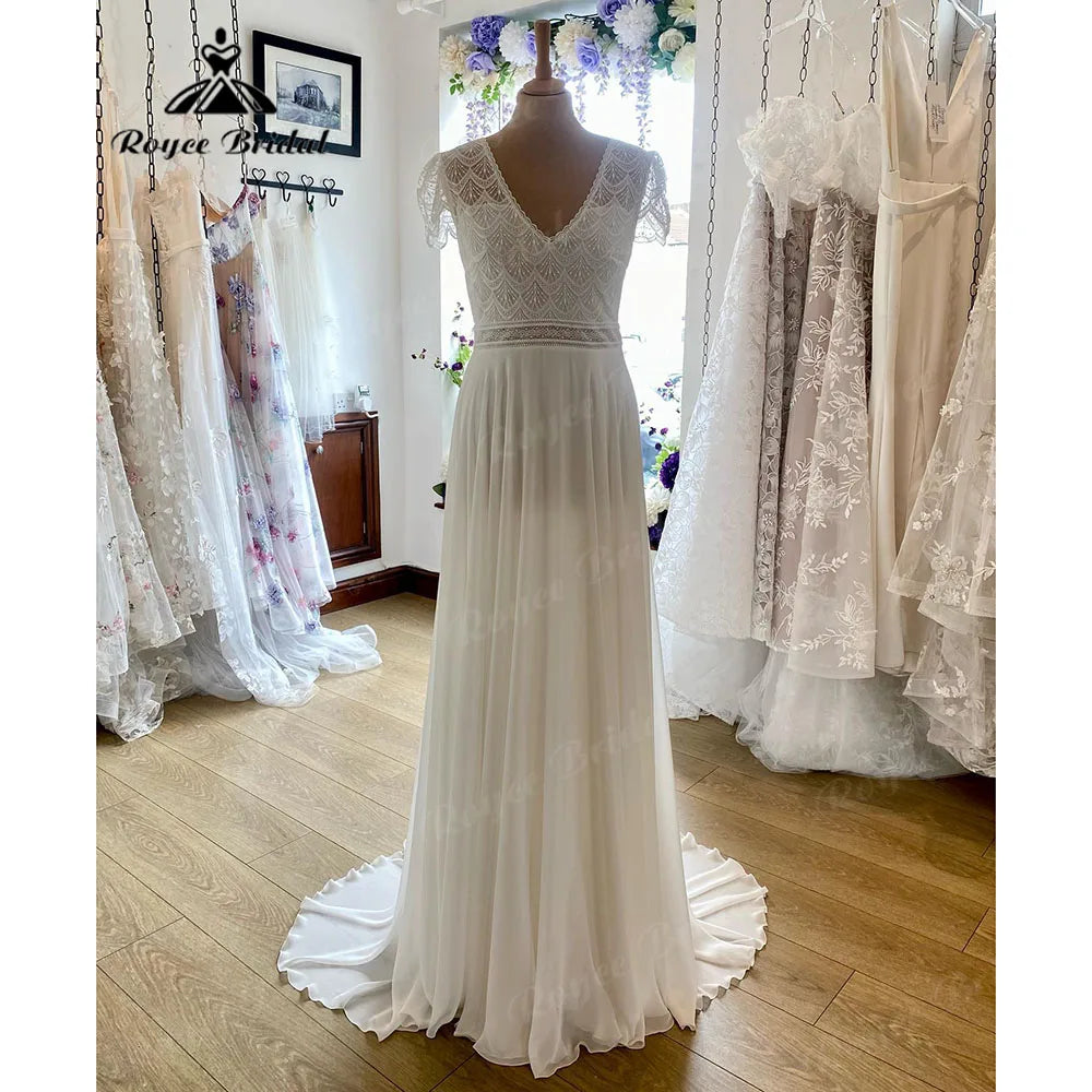 women's unique dressesBrautkleid Bohemian Lace Bodice Chiffon V Neck Wedding Gown for Bride 2024 Boho Wedding Dress with Short Sleeve suknia slubna women's unique dressesBrautkleid Bohemian Lace Bodice Chiffon V Neck Wedding Gown for Bride 2024 Boho Wedding Dress with Short Sleeve suknia slubna