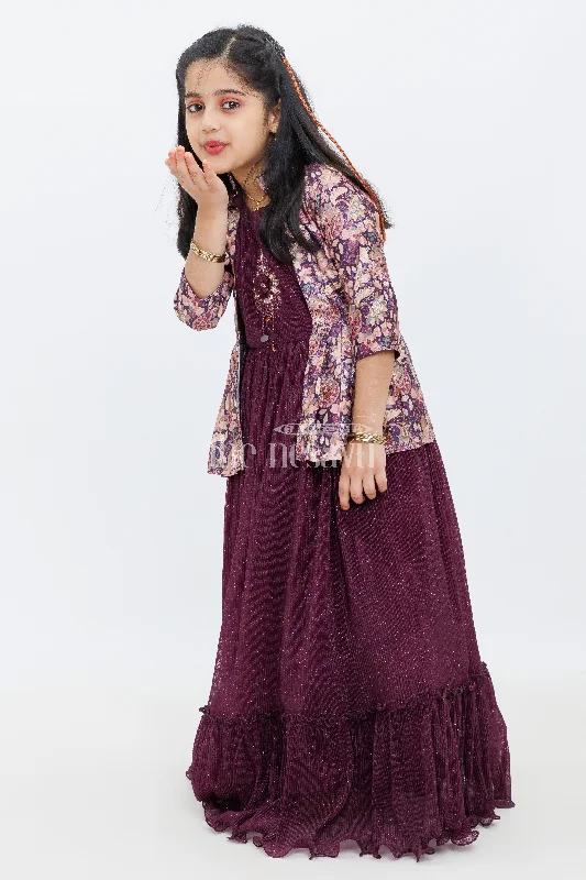 Leather DressPurple Chinon Silk Printed Party Gown with Pleated Design and Floral Jacket for Girls