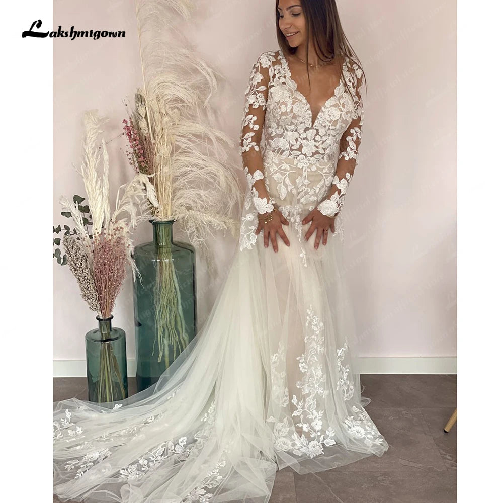 Metallic DressRoycebridal Long Sleeves Lace Wedding Dress Vestidos Civil Boho Bridal Gowns Sweep Train 2025 vestidos para mujer Metallic DressRoycebridal Long Sleeves Lace Wedding Dress Vestidos Civil Boho Bridal Gowns Sweep Train 2025 vestidos para mujer