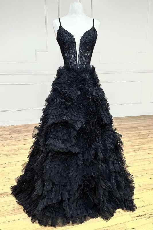 women's statement dressesJoyce| Black Plunge V Spaghetti Strap Ruffle Tiered Long Gown women's statement dressesJoyce| Black Plunge V Spaghetti Strap Ruffle Tiered Long Gown