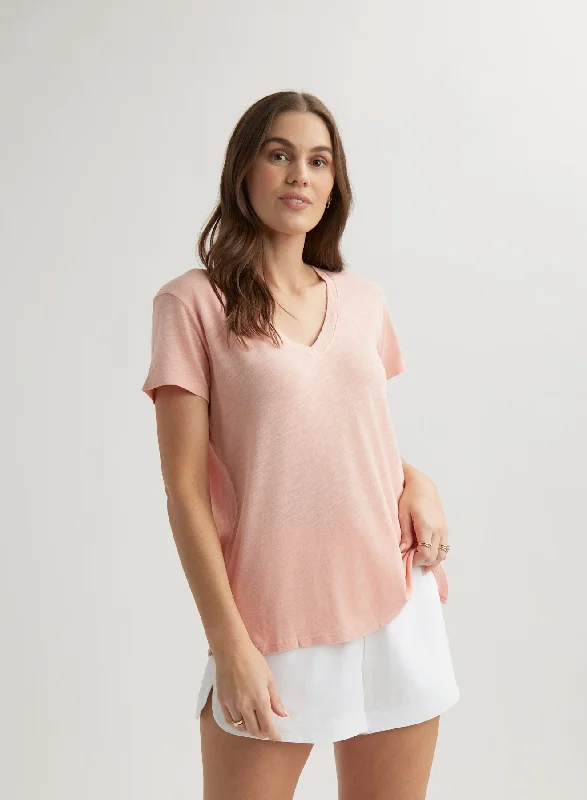 Men's Shirts with Checkered PatternsSide Slit V-Neck Tee - Peach Fizz