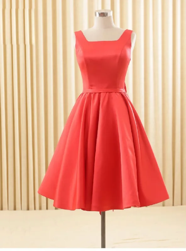 Crepe DressElegant Satin Red School Homecoming Dresses Backless Bowknot Knee Length