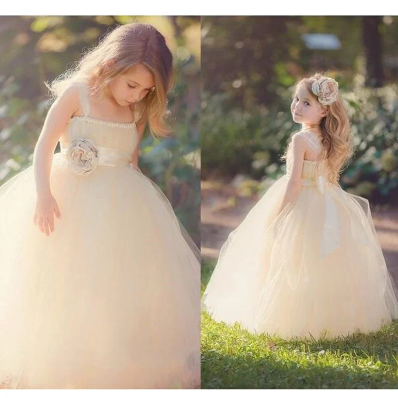 women's bespoke dressesDreamy Ball Gown Children Communion Dress Tulle Flower Girl Dresses with Straps