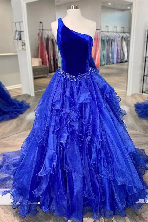 Wedding DressBelinda | Ruffle One Shoulder Royal Blue Velvet Top Long Formal Dress