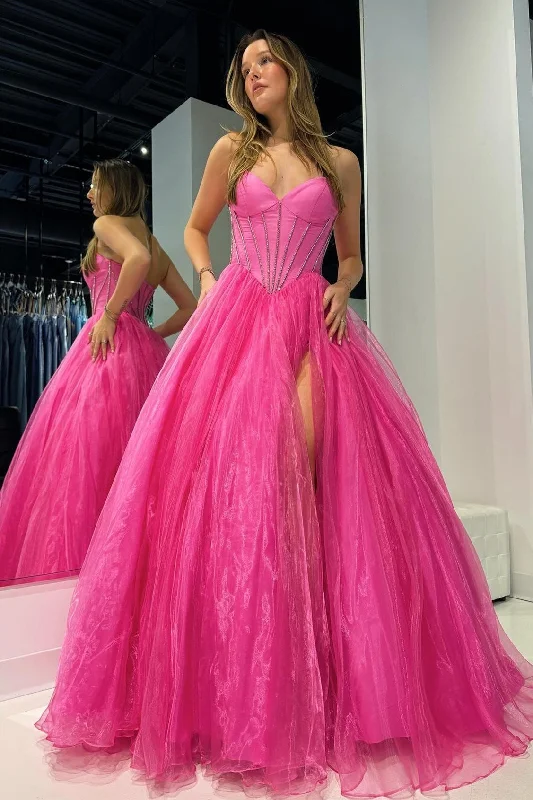 women's everyday dressesStrapless Beaded Ball Gown with Slit in Hot Pink