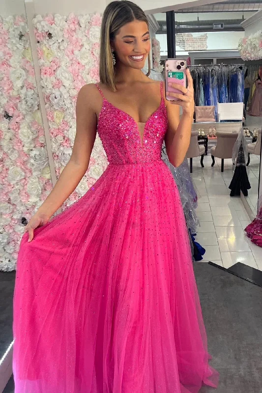 Glitter DressEmmalyn | Straps Neon Pink Beaded A-Line Long Formal Dress