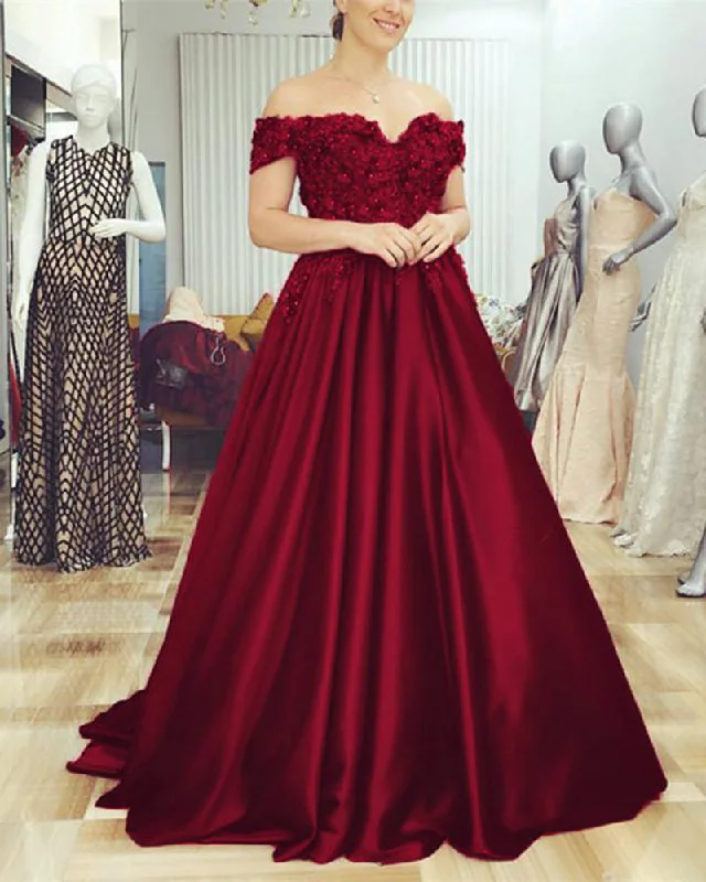 Cold-Shoulder DressBurgundy Wedding Gown Satin Off the Shoulder Formal Dresses with Lace Flowers LP6632 Cold-Shoulder DressBurgundy Wedding Gown Satin Off the Shoulder Formal Dresses with Lace Flowers LP6632