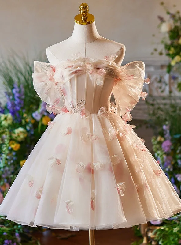 women's business casual dressesChampagne Tulle Off the Shoulder 3D Flower Homecoming Dress women's business casual dressesChampagne Tulle Off the Shoulder 3D Flower Homecoming Dress