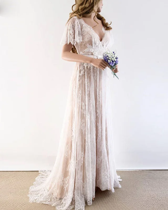 women's pastel dressesShort Sleeves Nude/ivory Beach Wedding Dress Lace Boho Bride Gown WD09012 women's pastel dressesShort Sleeves Nude/ivory Beach Wedding Dress Lace Boho Bride Gown WD09012