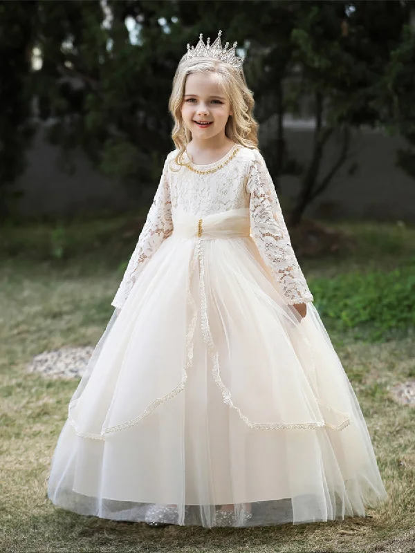 women's casual dressesBall Gown Scoop Long Sleeves Lace Flower Girl Dresses