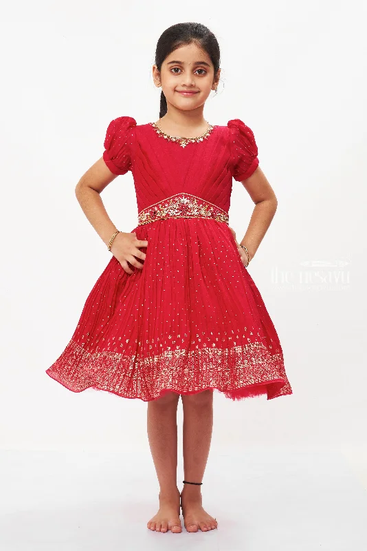High-Low DressRadiant Red Silk Frock for Girls - Designer Pattu Party Wear Perfect for Ugadi Festivities High-Low DressRadiant Red Silk Frock for Girls - Designer Pattu Party Wear Perfect for Ugadi Festivities